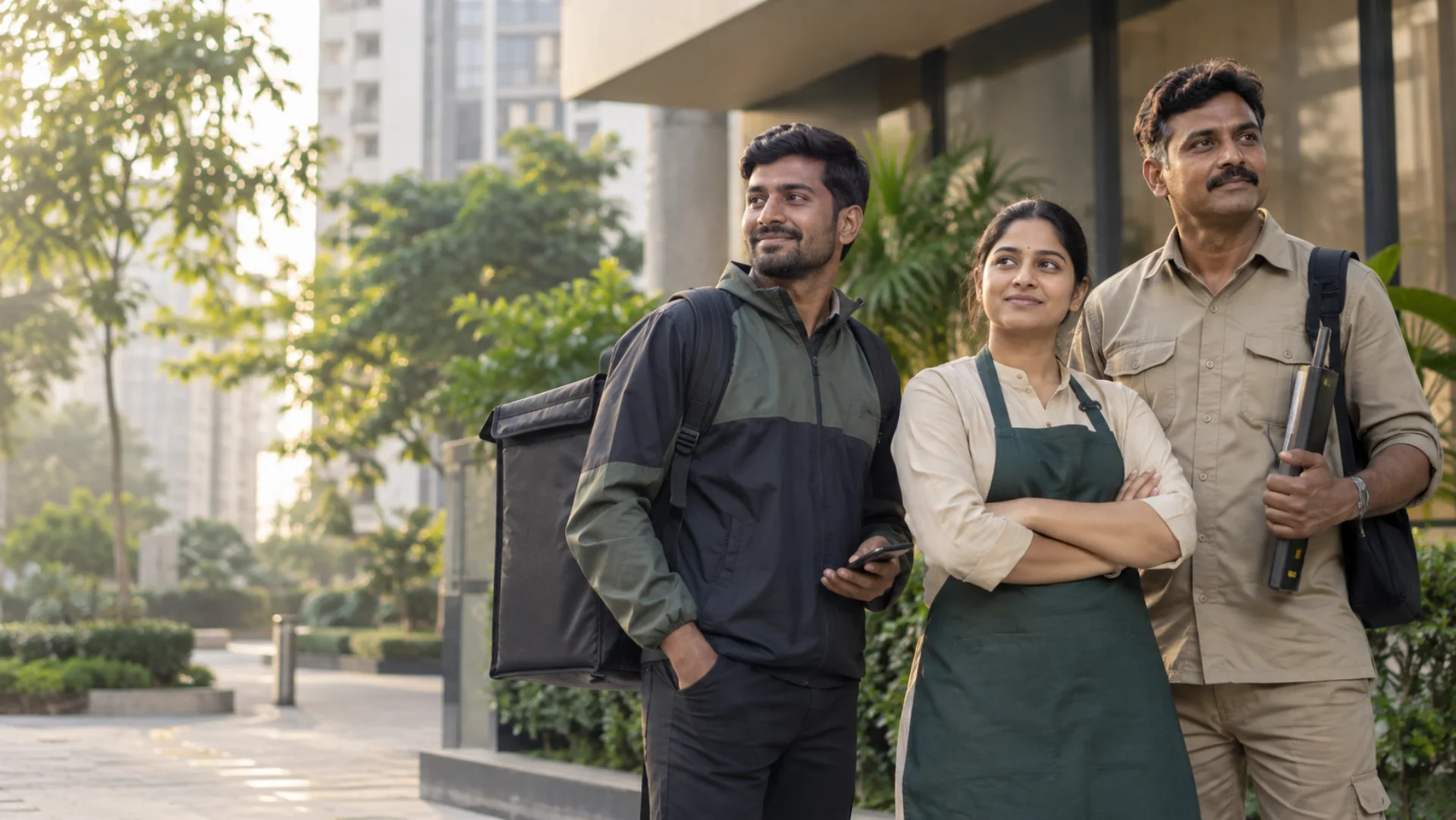 Indian delivery, retail, and field workers standing together outdoors