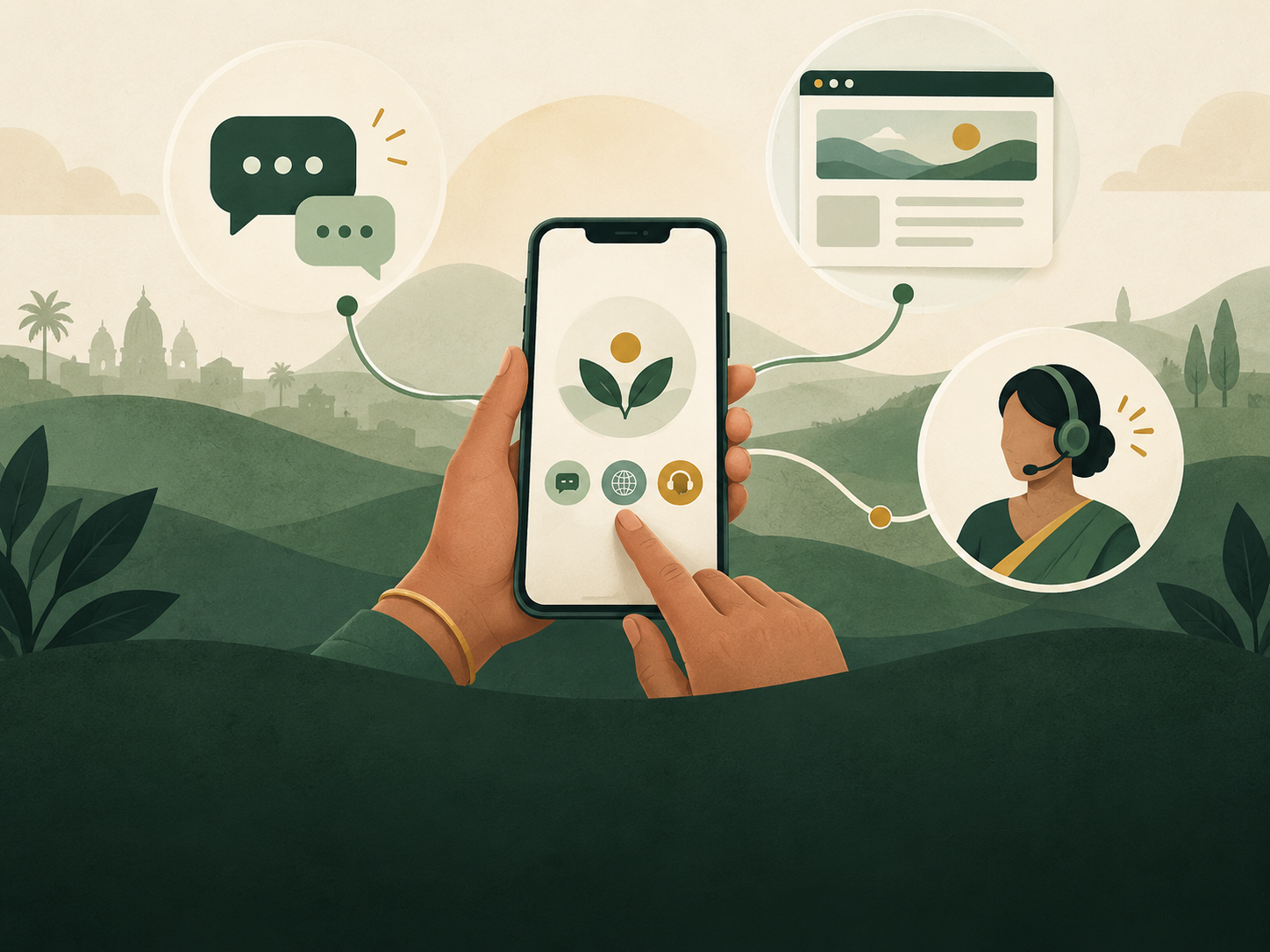 Illustration of messaging, web and assisted support connected through a smartphone