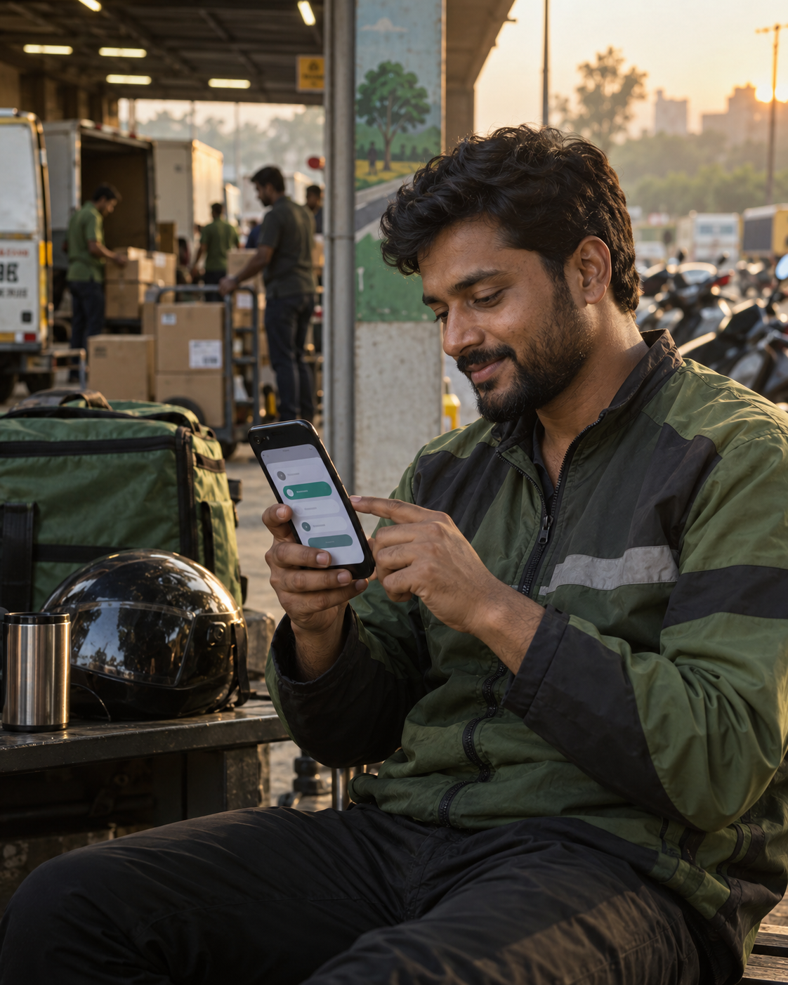 Delivery worker choosing an affordable vehicle-insurance payment plan on his phone